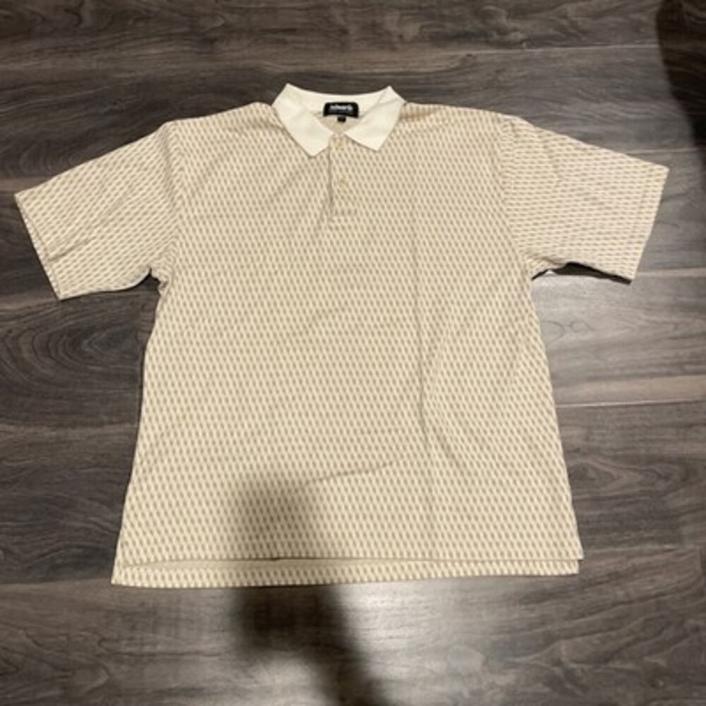 Ashworth Polo Shirt Mens Medium Beige Diamond Geometric Pattern 100% Cotton